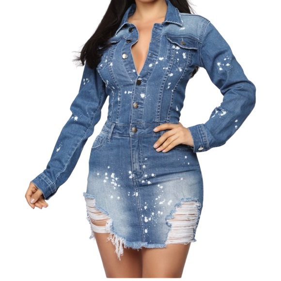 Fashion Nova Distressed Stretch Denim Button Front Dress L Blue Pockets - Picture 13 of 13